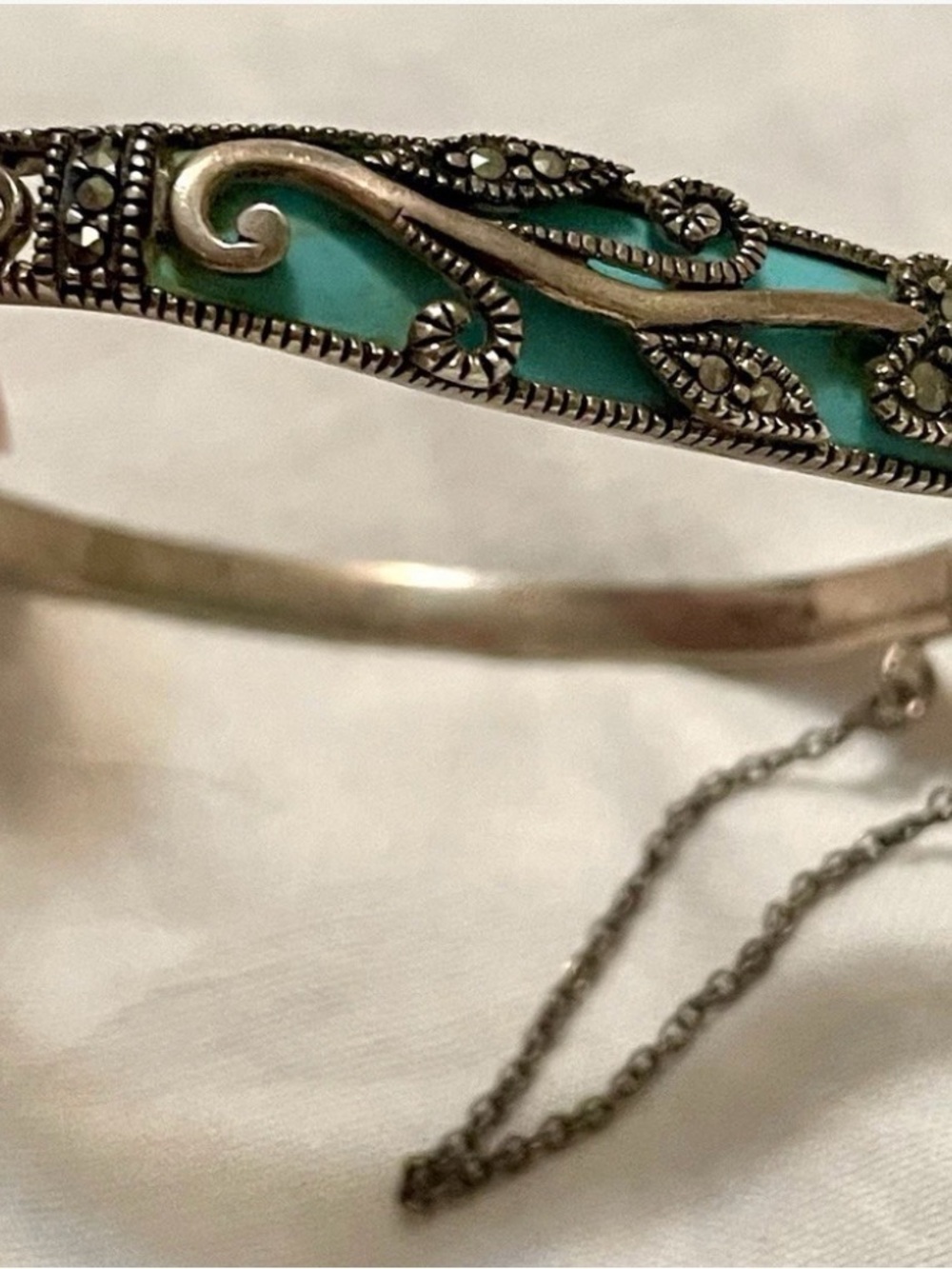 Vintage Sterling Silver 925 Turquoise marcacite Filigree Hinged Bangle Bracelet